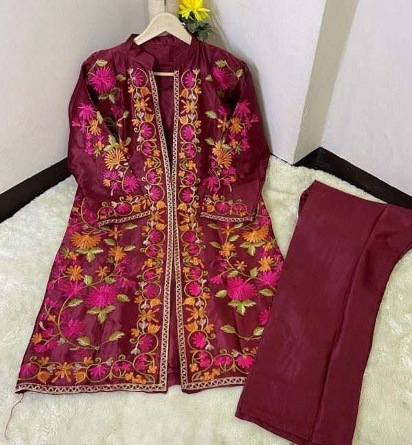 3 Pcs Beautiful Embroidery Suit Shamose Silk With Round Neck